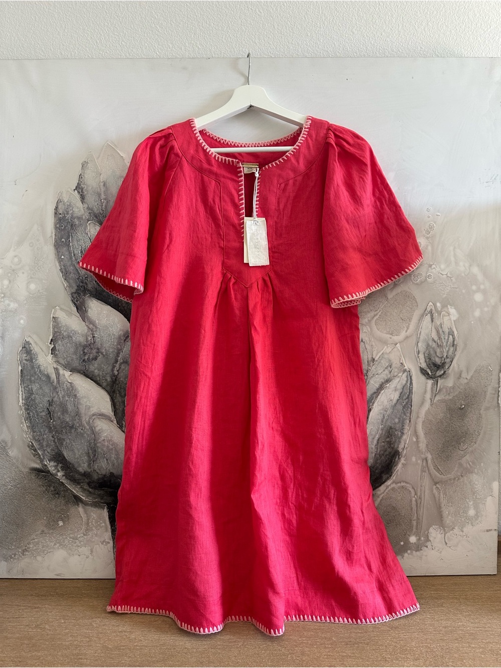 Magaschoni Red Linen Tunic Summer Dress with Contrast Trim